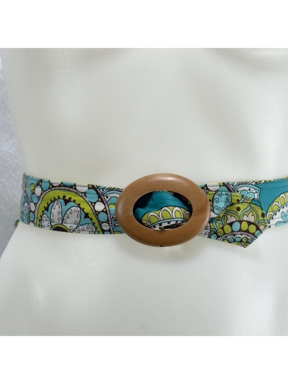 VERA BRADLEY Reversible Fabric Belt Wooden Buckle Blue & Green Floral Patterns